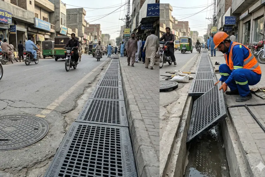 GRP/FRP drainage gratings being installed on a city roadside, showcasing durable railway components and structural rail parts.