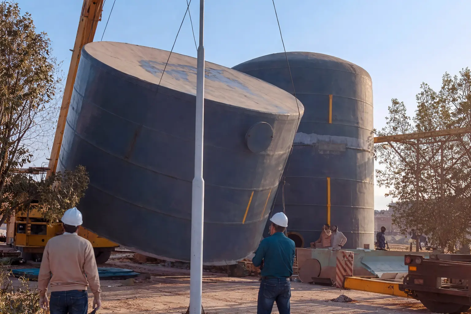 Installation of heavy-duty Sodium Hypochlorite storage tanks manufactured with corrosion-resistant GRP/FRP by Global Fiberglass Company