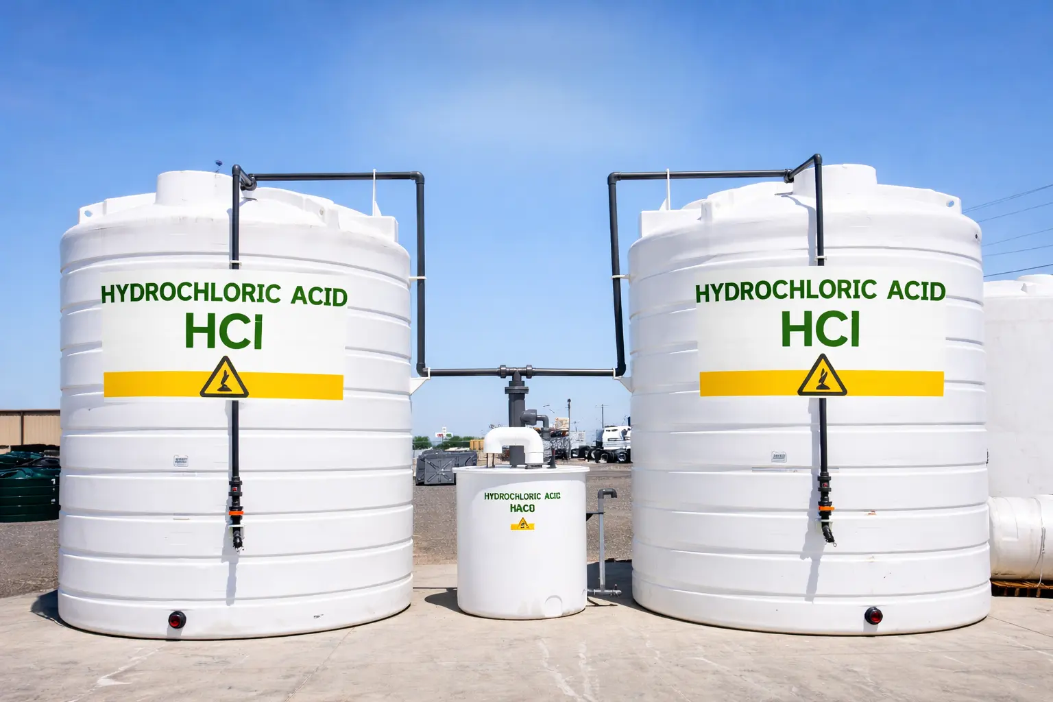 Industrial Hydrochloric Acid (HCl) storage tanks manufactured with corrosion-resistant GRP/FRP materials by Global Fiberglass Company.