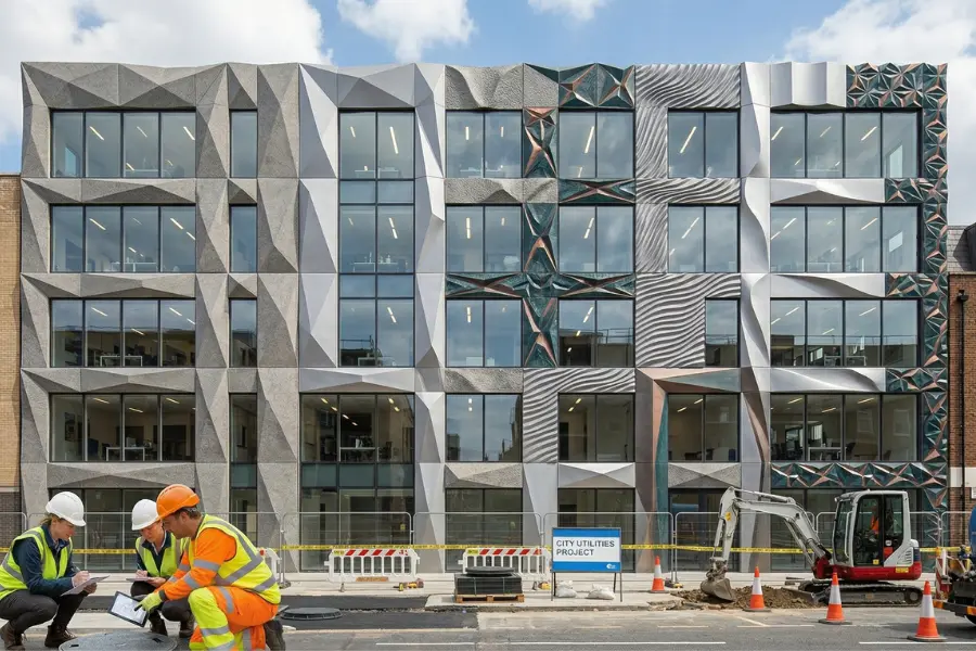 Ek modern building ka facade jis par geometric aur textured GRP structural cladding panels lage hue hain, jo lightweight architectural solutions ko dikhata hai.