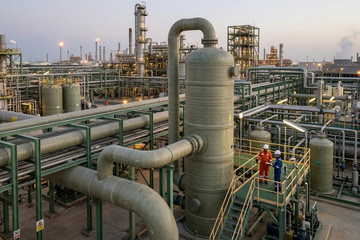 GRP pressure vessels and chemical storage tanks installed in a downstream oil refinery infrastructure for corrosion resistance.