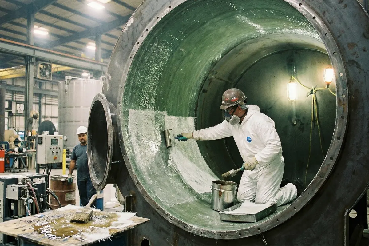 Professional technician applying protective FRP/GRP lining inside a large industrial storage tank to prevent corrosion and leaks.