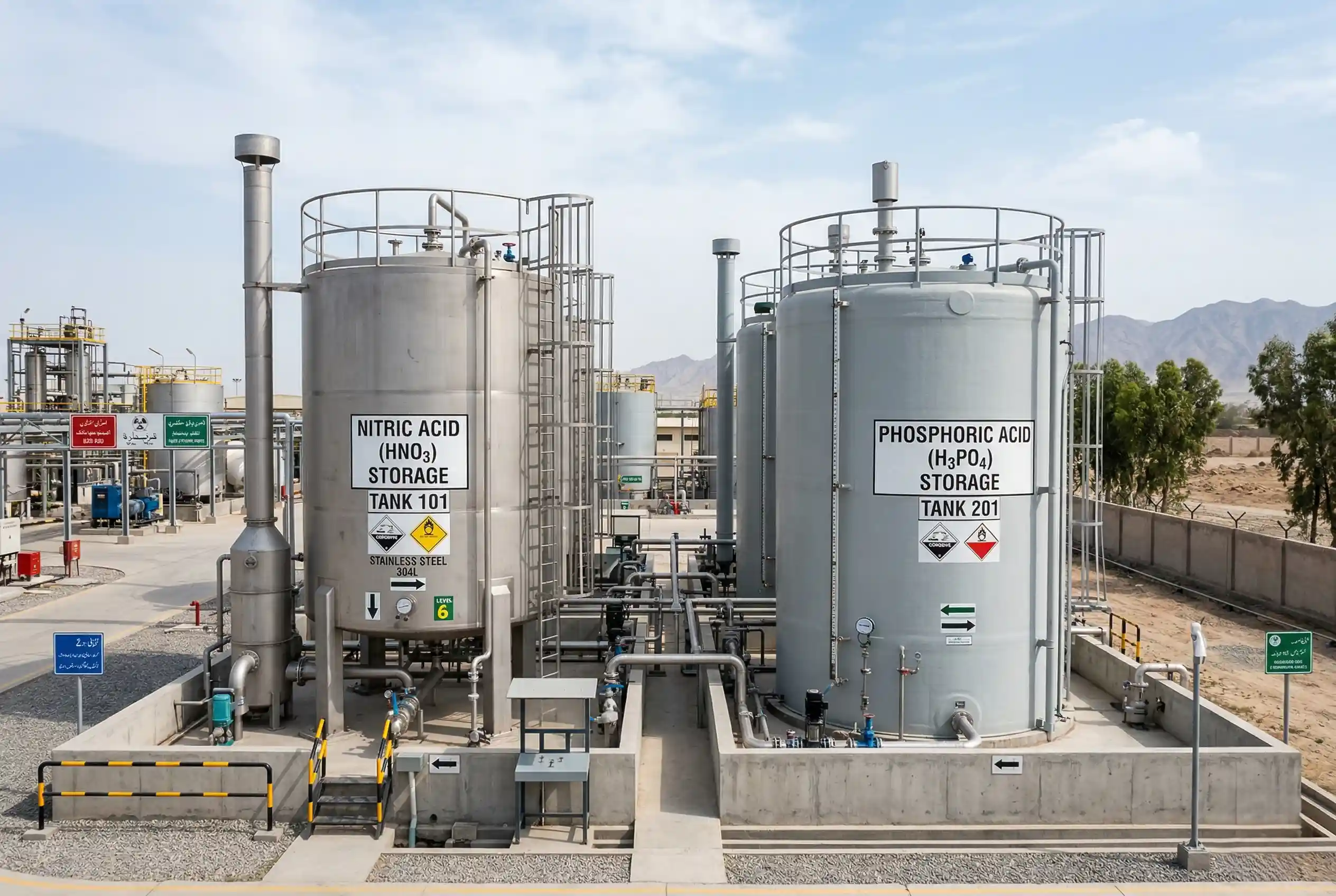 Industrial Nitric Acid and Phosphoric Acid storage tanks manufactured with corrosion-resistant GRP/FRP by Global Fiberglass Company.