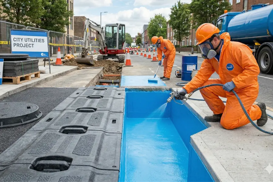 Workers installing GRP manhole covers and applying protective blue water tank lining at a city utility project site.