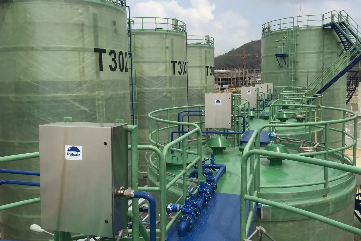Large industrial GRP and FRP Process and Mixing Tanks installation at a chemical plant by Global Fiberglass Company.