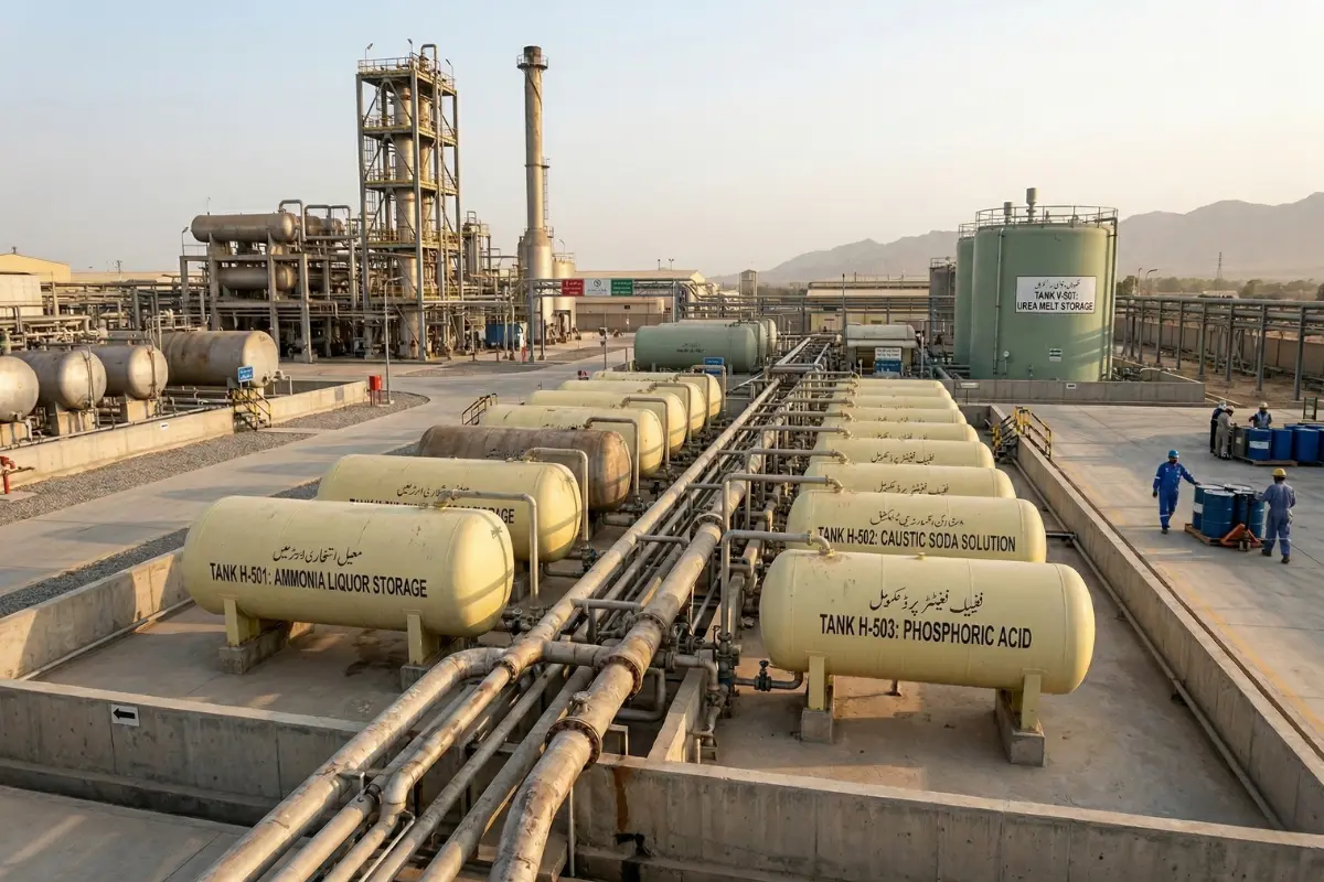 Row of industrial horizontal GRP/FRP Urea Solution and Liquid Fertilizer storage tanks installed at a large-scale fertilizer plant.