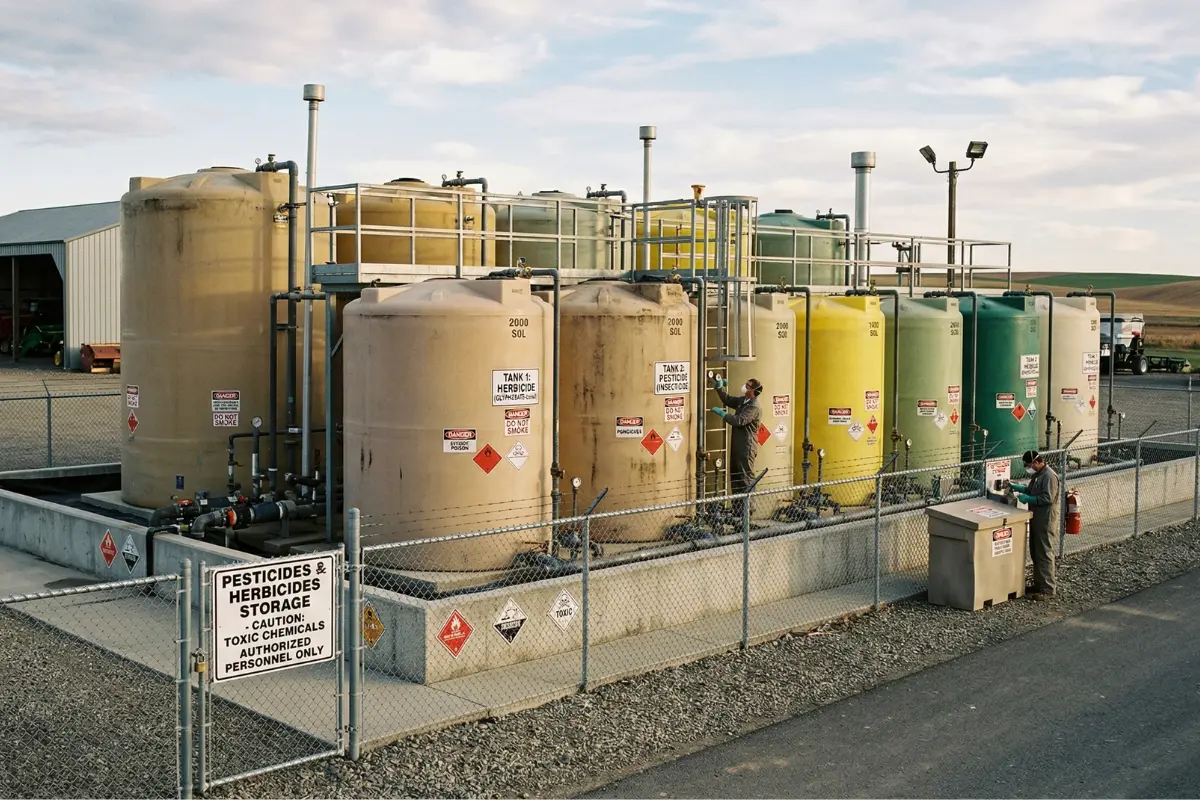 Industrial GRP/FRP vertical storage tanks for pesticides and herbicides installed at an agricultural chemical facility.