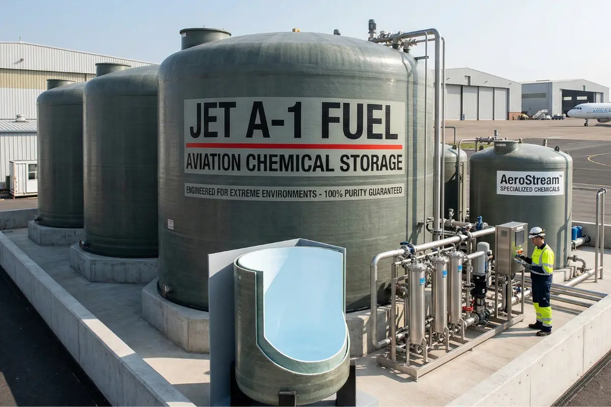 Specialized Jet A-1 fuel and aviation chemical storage GRP/FRP tanks featuring advanced corrosion-resistant linings for aerospace environments