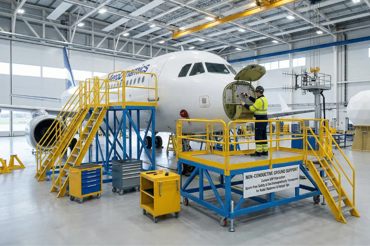 Non-conductive GRP ground support equipment and access platforms used for aircraft maintenance in a hangar.