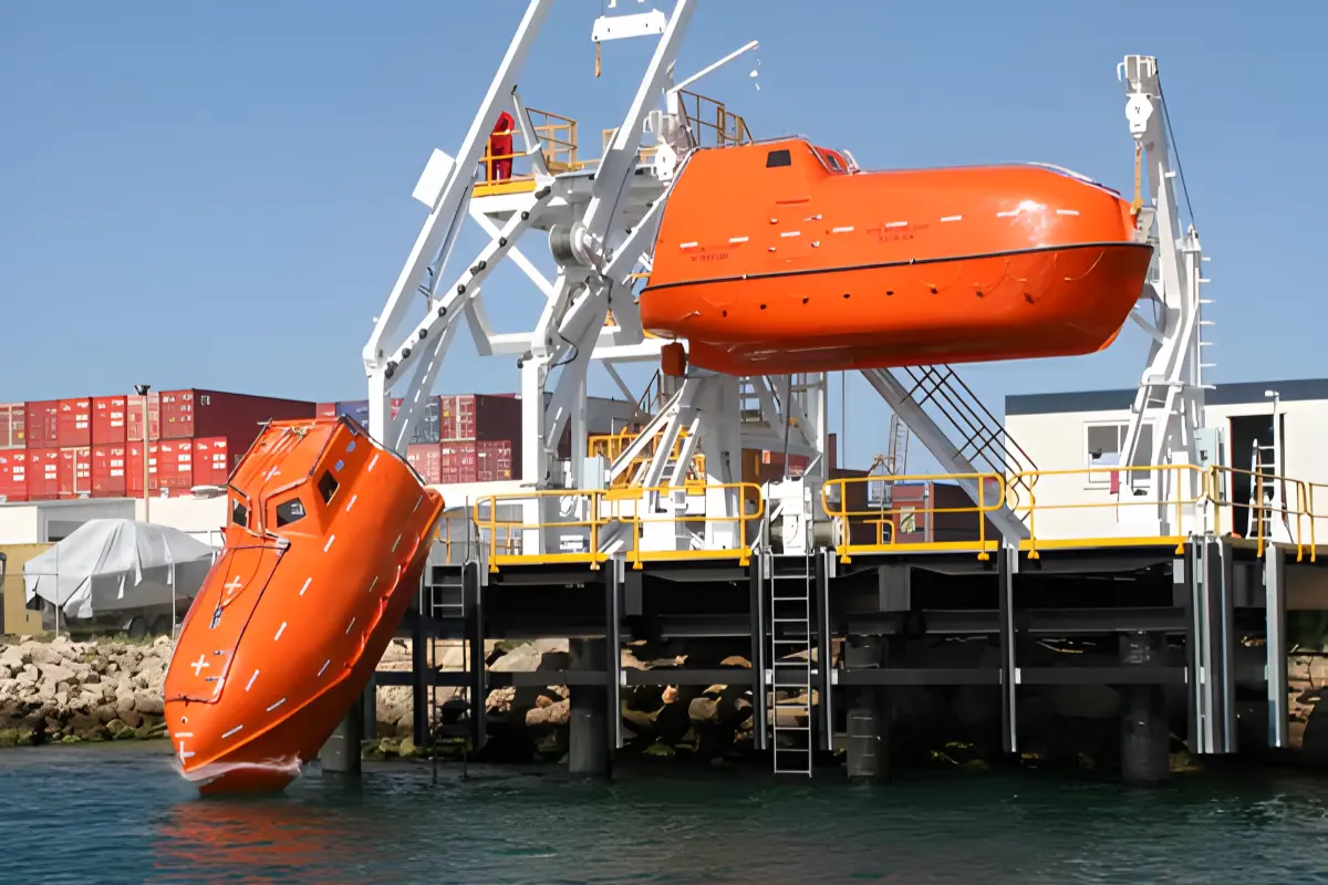 Custom-fabricated high-strength fiberglass lifeboat and vessel components displayed on a marine launch platform, representing Global Fiberglass Company's marine engineering solution