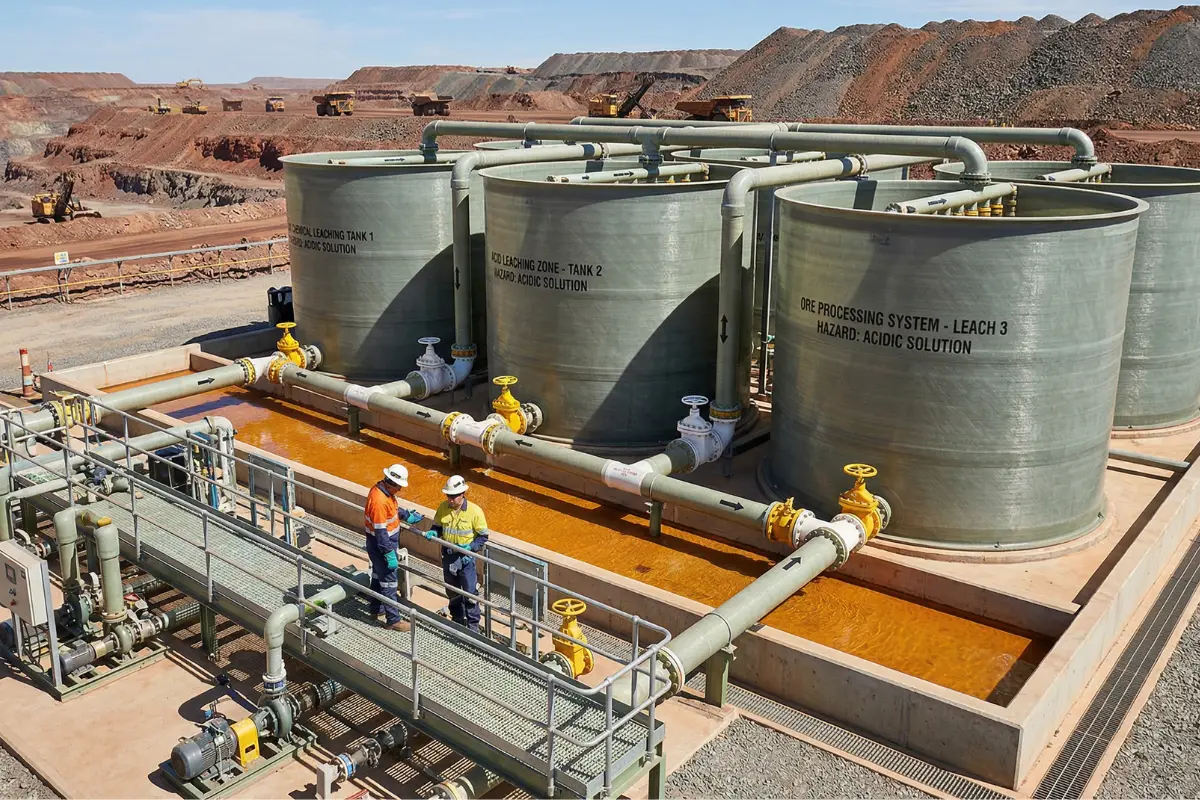 Specialized FRP storage tanks and dual-laminate piping systems installed in a petrochemical facility for handling aggressive acids and alkalis.