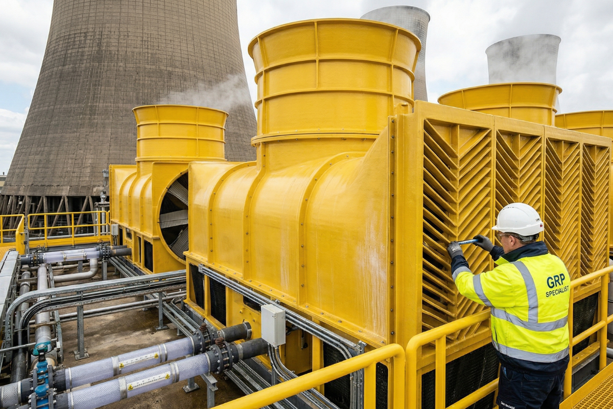 Yellow industrial cooling tower components including GRP fan stacks and louvers being inspected by a technician at a power plant.
