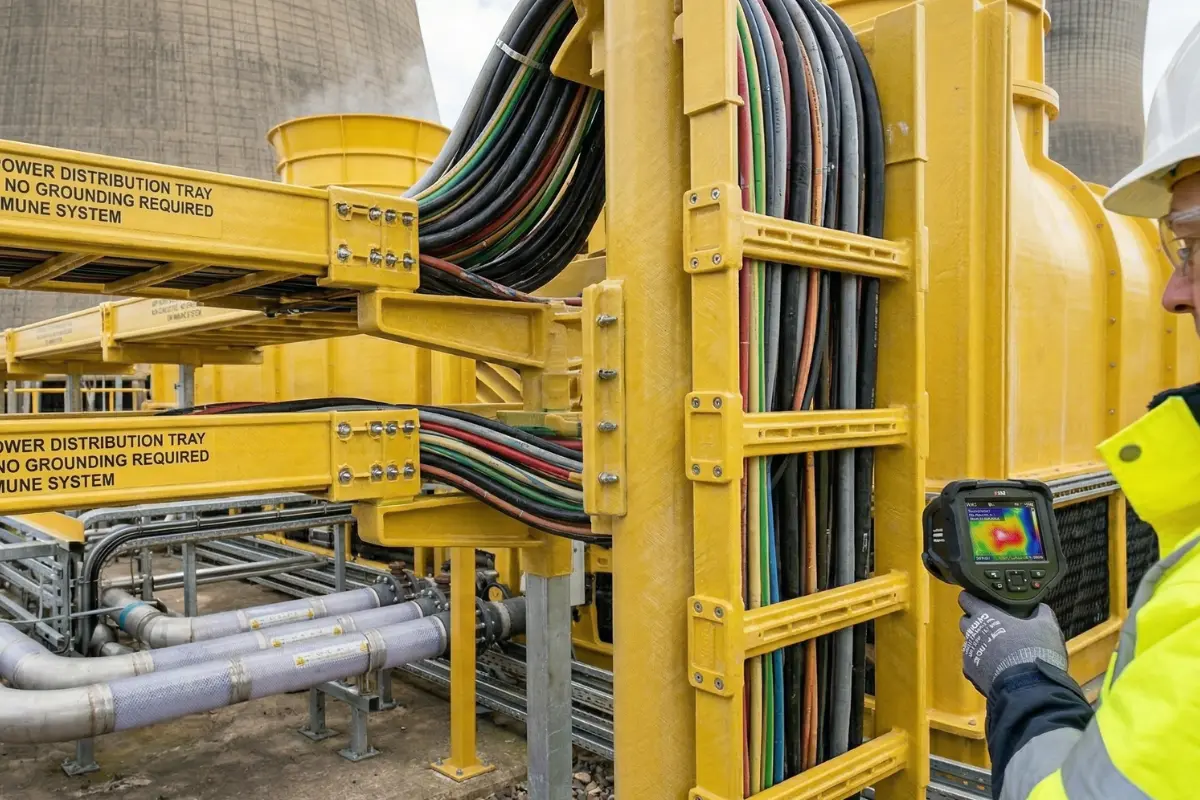 Heavy-duty yellow GRP cable management systems including trays and ladders for power distribution at an industrial facility.