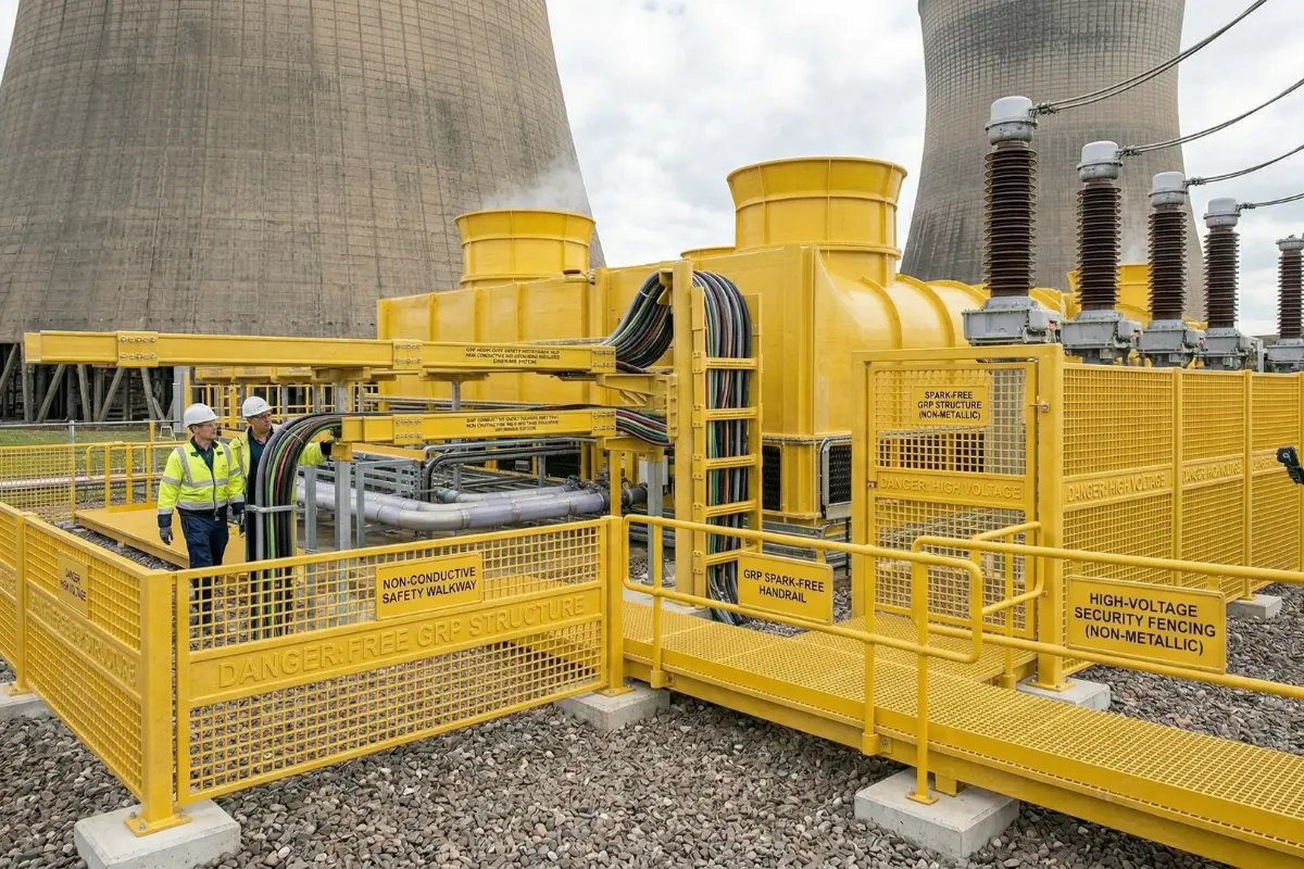 Non-conductive GRP walkways, handrails, and fencing installed at a high-voltage power plant facility for maximum worker safety.
