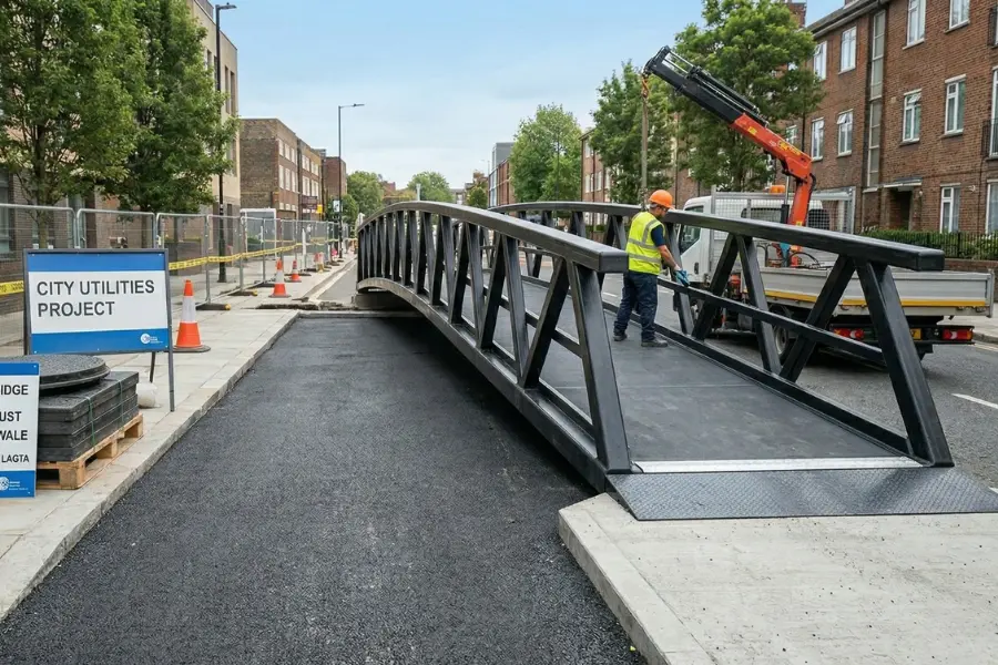 Lightweight and impact-resistant GRP structural panels used in the construction of a modular pedestrian bridge for urban utility projects.