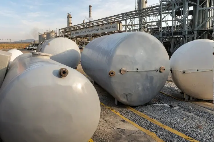 Large industrial GRP and FRP dishend tanks with professional grey finish installed at a chemical processing plant