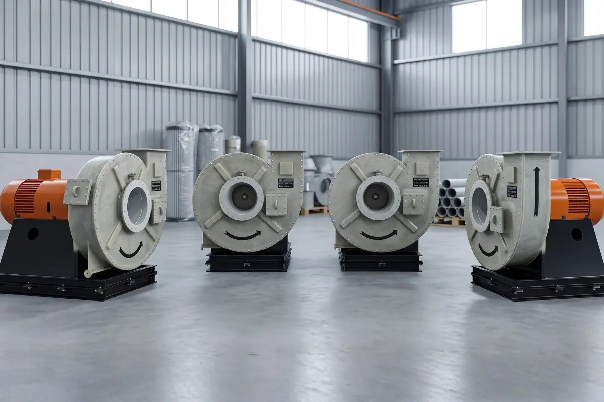 Industrial FRP centrifugal blowers lined up in a warehouse, designed for hazardous gas exhaust and ventilation systems.