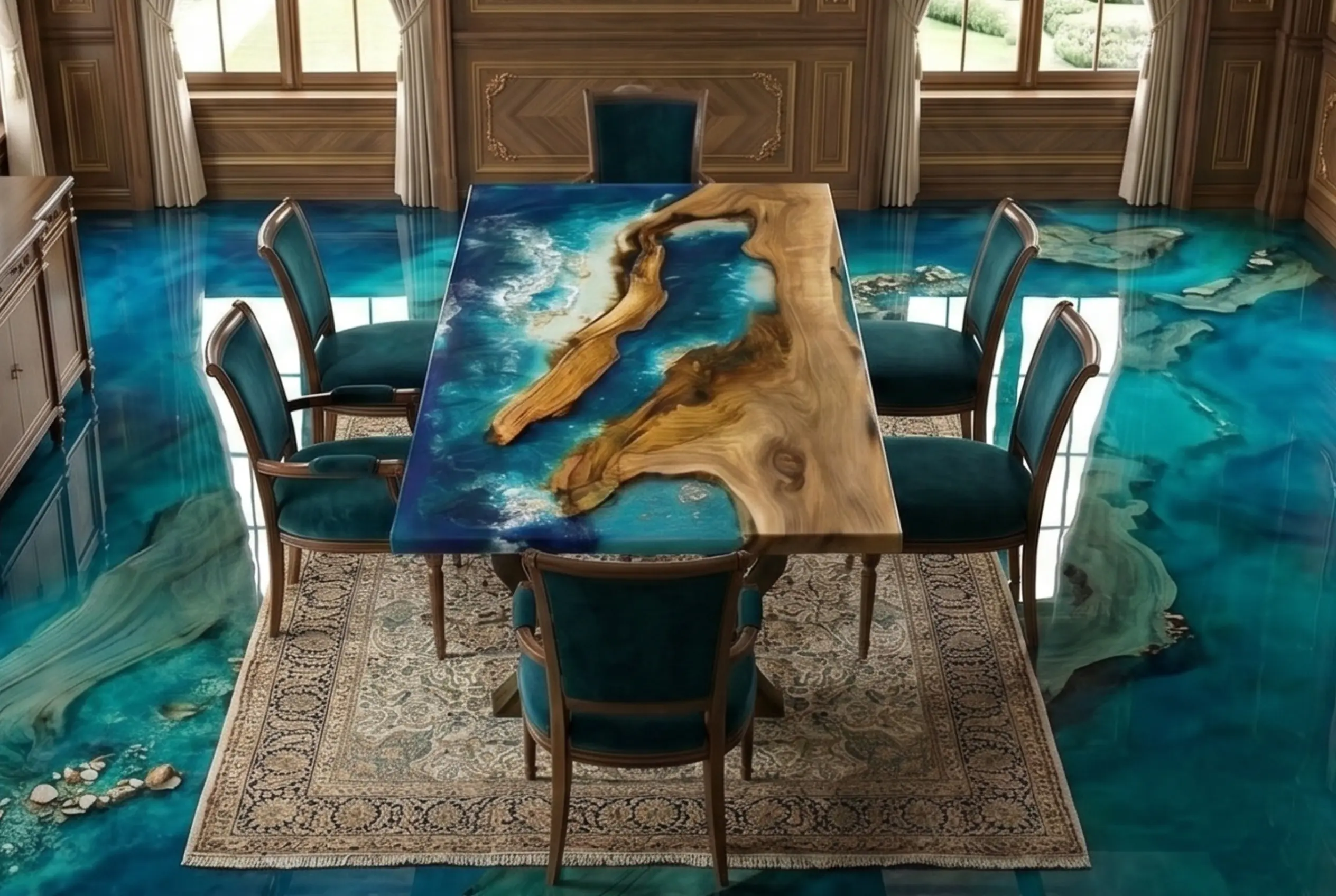 Luxurious interior featuring a custom blue oceanic epoxy resin floor and a matching live-edge wooden dining table with resin inlay.