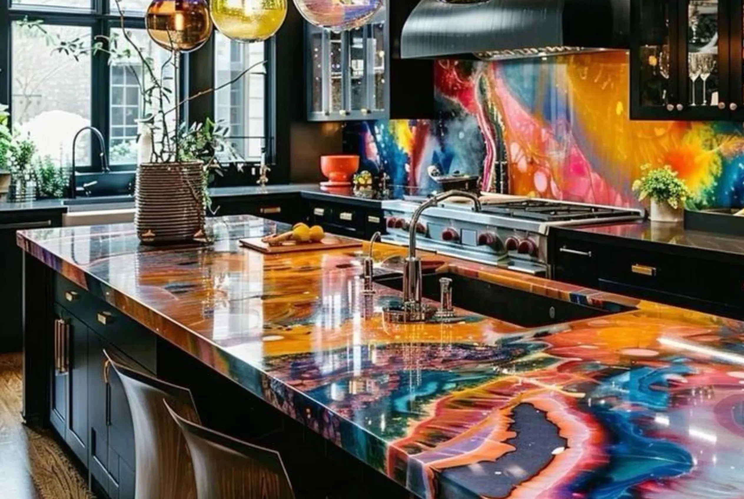A modern kitchen interior featuring a vibrant, multi-colored custom epoxy resin countertop and matching artistic backsplash.
