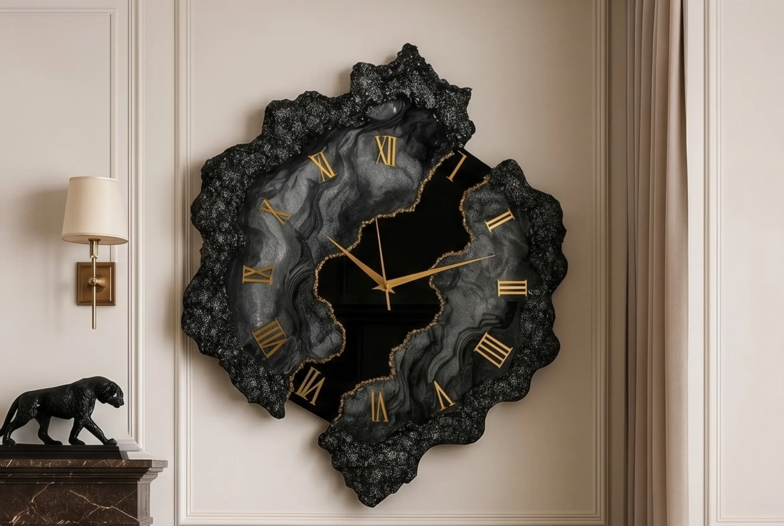A luxurious, large-scale handmade wall clock featuring a unique black and charcoal marble-effect epoxy resin design with elegant gold Roman numerals.