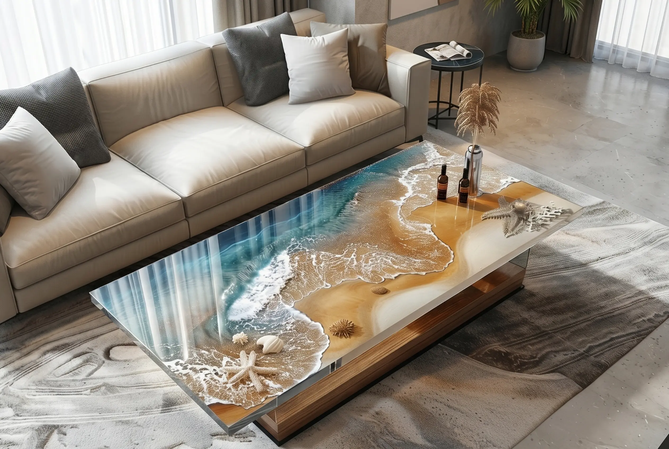A premium coffee table with a custom oceanic 3D epoxy resin design featuring waves, sand, and seashells in a modern living room.