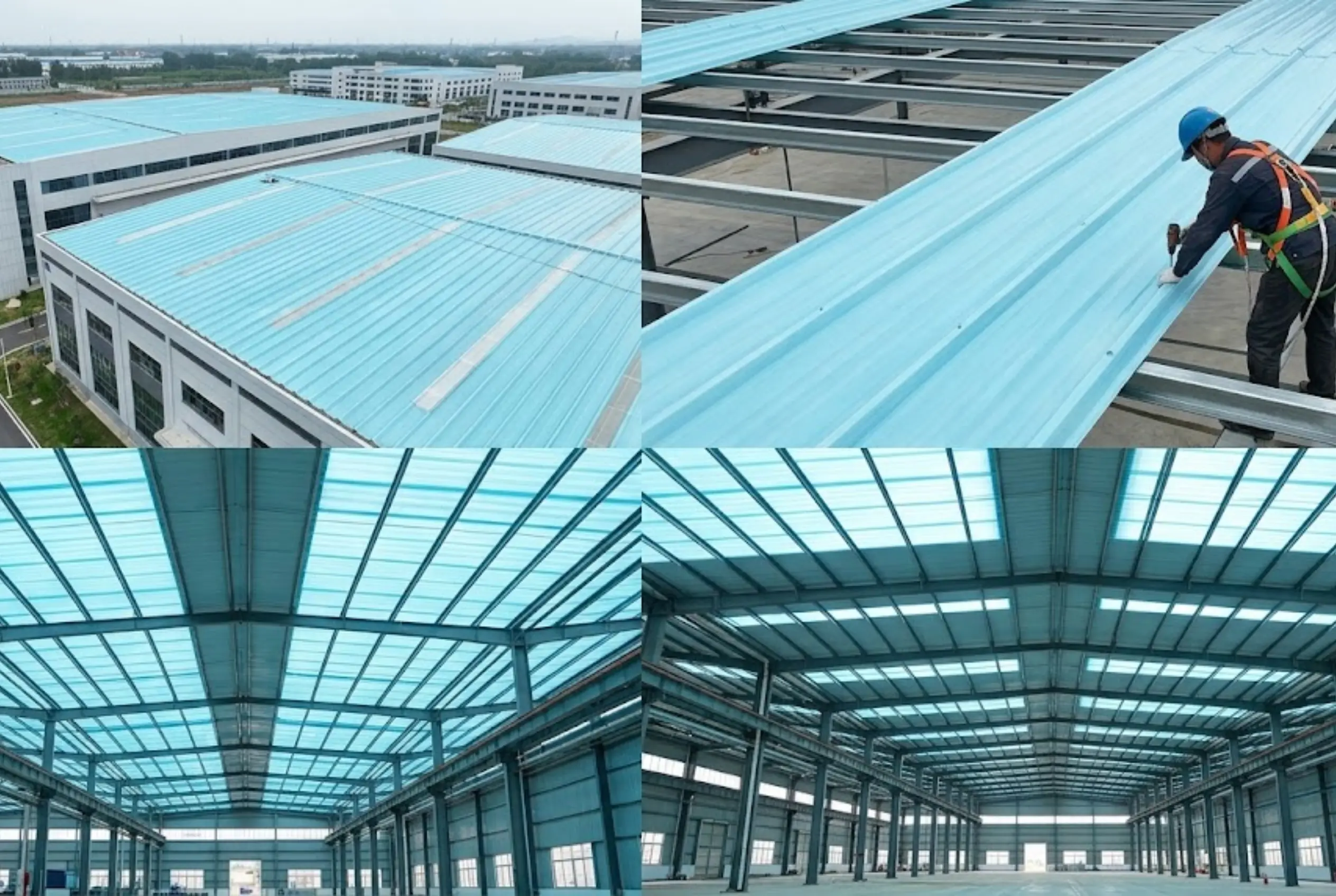 Collage showing the installation of light blue FRP roofing sheets on a large industrial warehouse, including interior views that demonstrate natural light transmission.