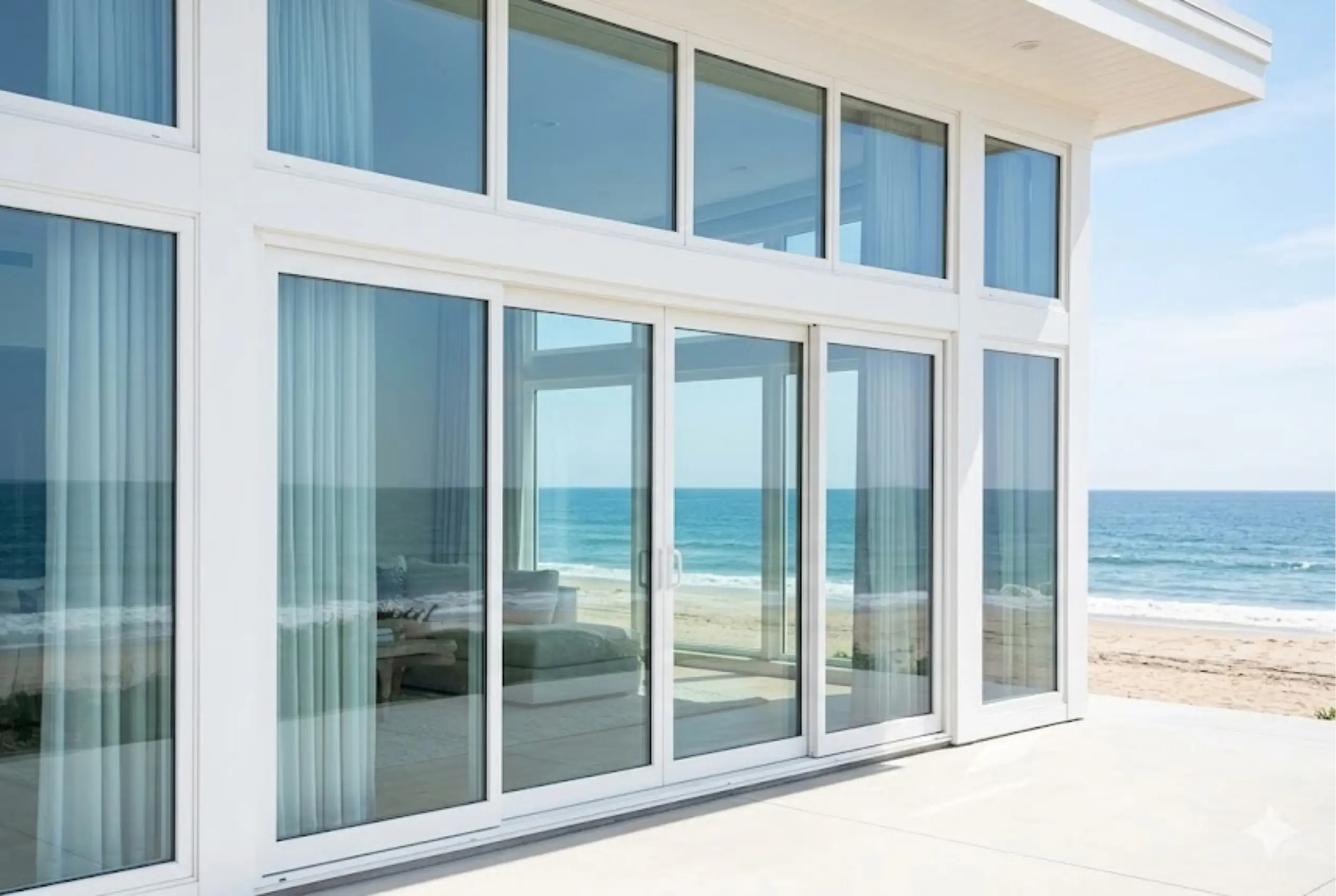 Modern beachfront house featuring large white sliding FRP door frames and windows designed for high-moisture coastal environments.