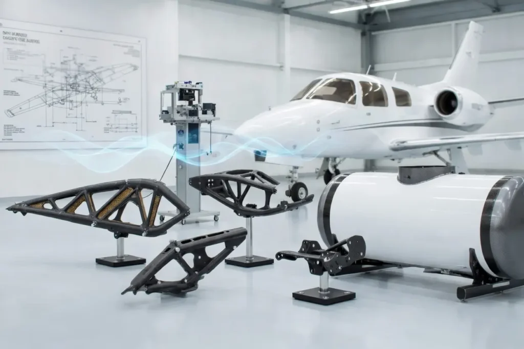 High-precision GRP and FRP aviation structural components and fuel tanks displayed in an aerospace engineering facility.