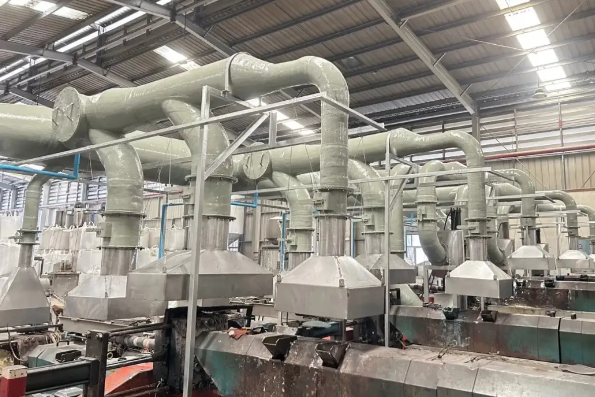 Industrial GRP/FRP piping and ducting systems installed in a manufacturing facility by Global Fiberglass Company.