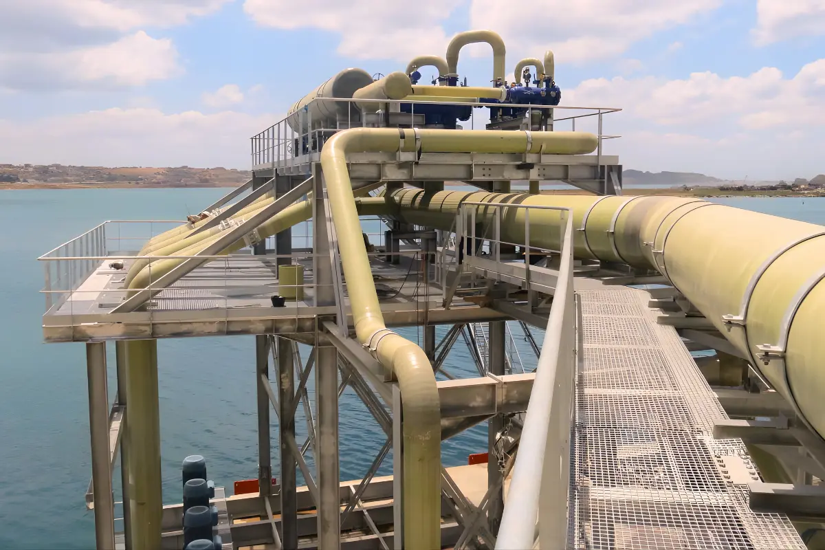 Advanced GRP piping system for seawater intake and cooling installed on a marine platform by Global Fiberglass Company.