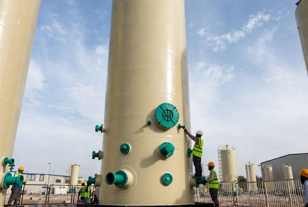Contact information for Global Fiberglass Company displayed alongside an image of workers performing final inspections on a massive GRP vertical chemical storage tank.