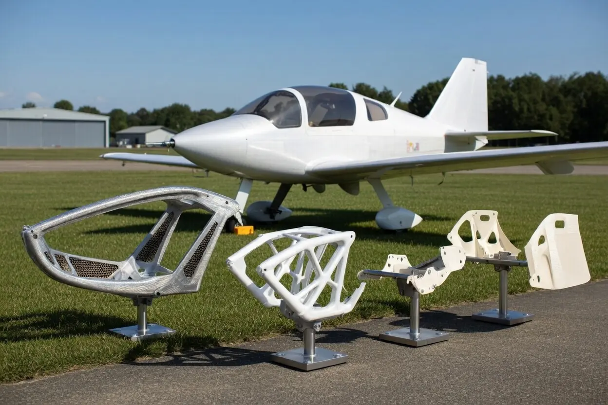 High-precision aerospace grade GRP composite structural components displayed in front of a light aircraft on an airfield