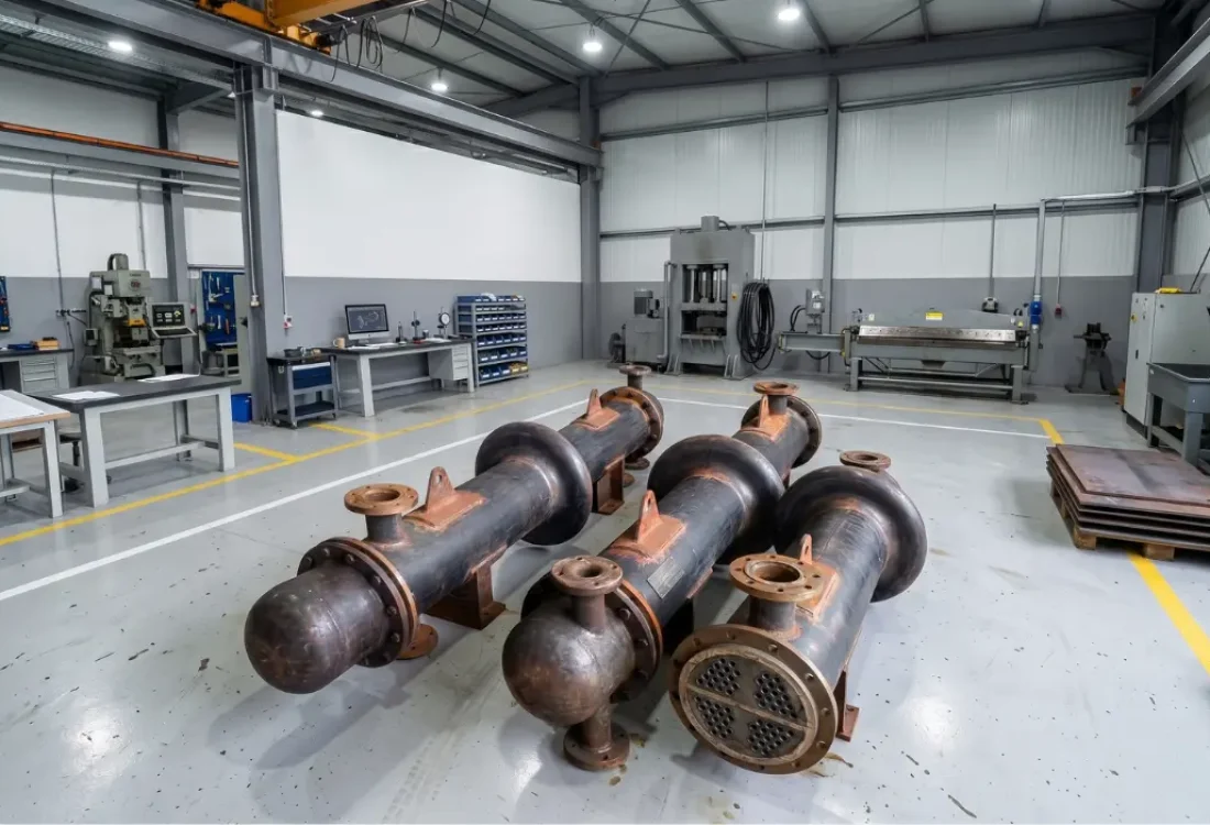 Grade 2 Titanium heat exchangers with internal bundles of seamless titanium tubes in an industrial manufacturing facility by Global Fiberglass Company.