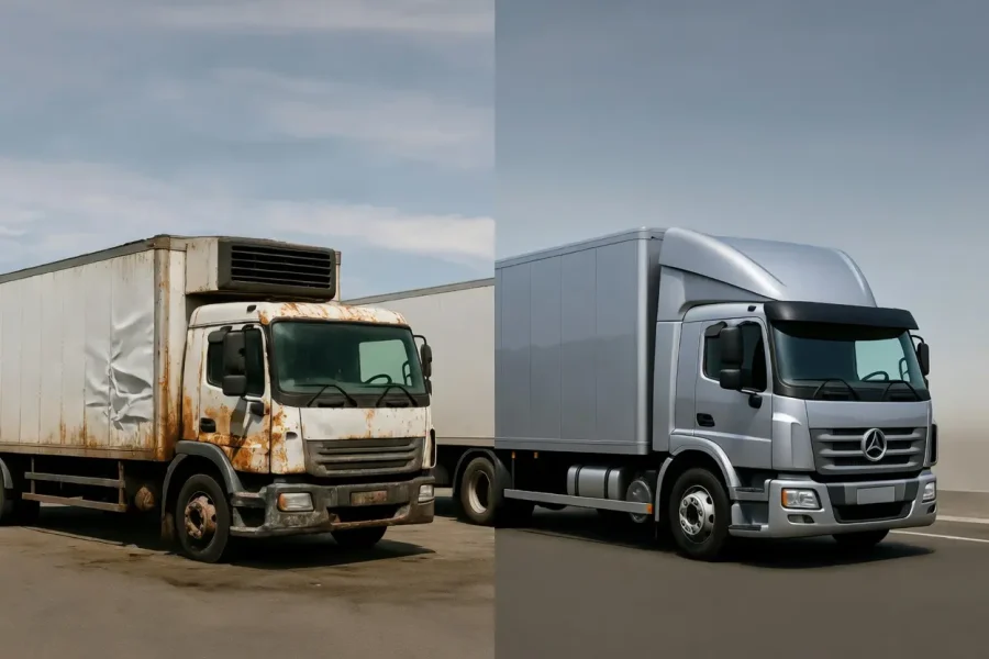 A side-by-side comparison of a rusted metal truck and a modern GRP/FRP truck body highlighting fuel savings, impact strength, corrosion-proof, and noise damping features