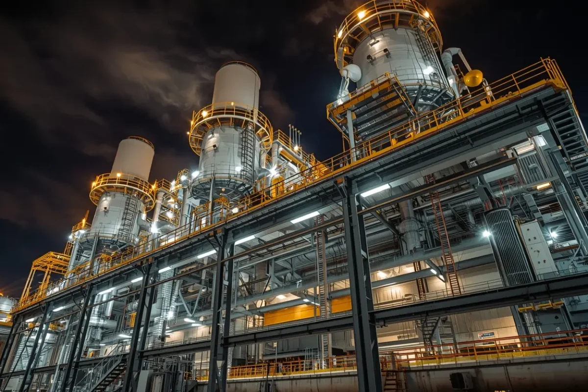Large-scale industrial facility at night showcasing advanced GRP/FRP infrastructure with lightweight strength and weather resilience.