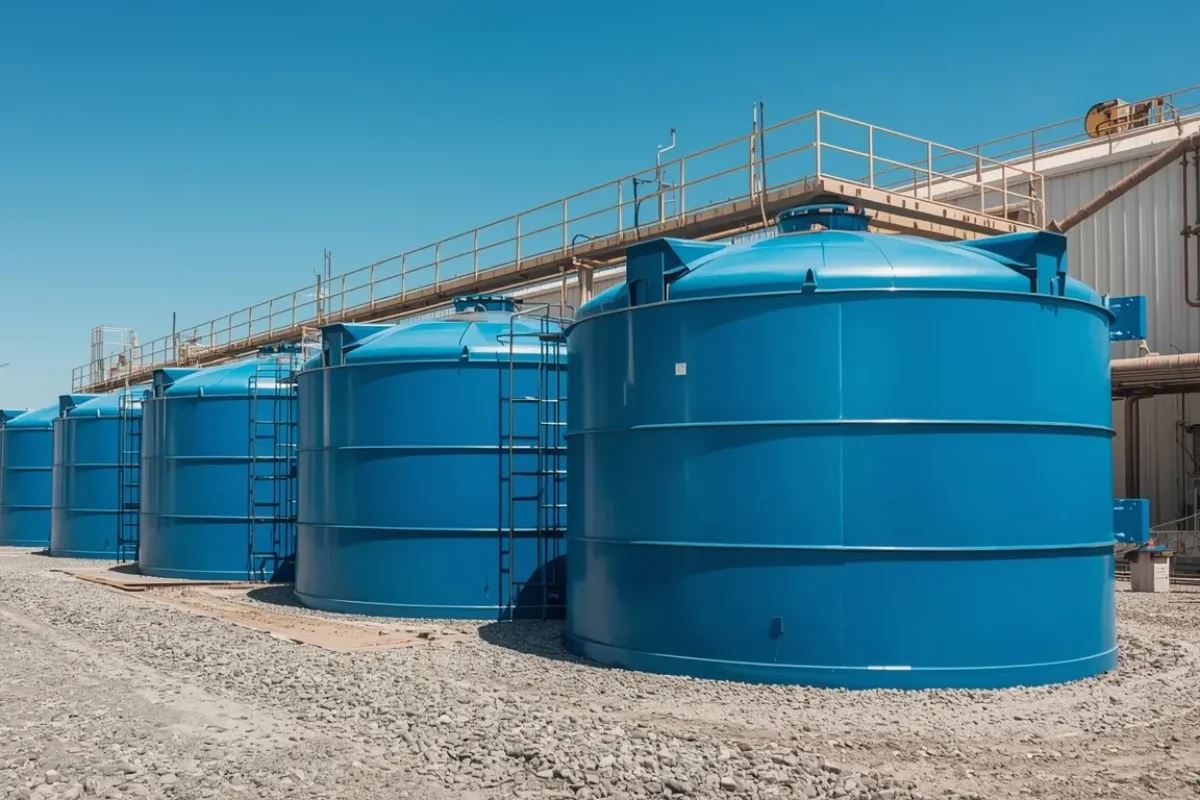 Large blue GRP/FRP industrial storage tanks featuring 100% leak-proof, chemical-resistant, and UV-resistant properties.