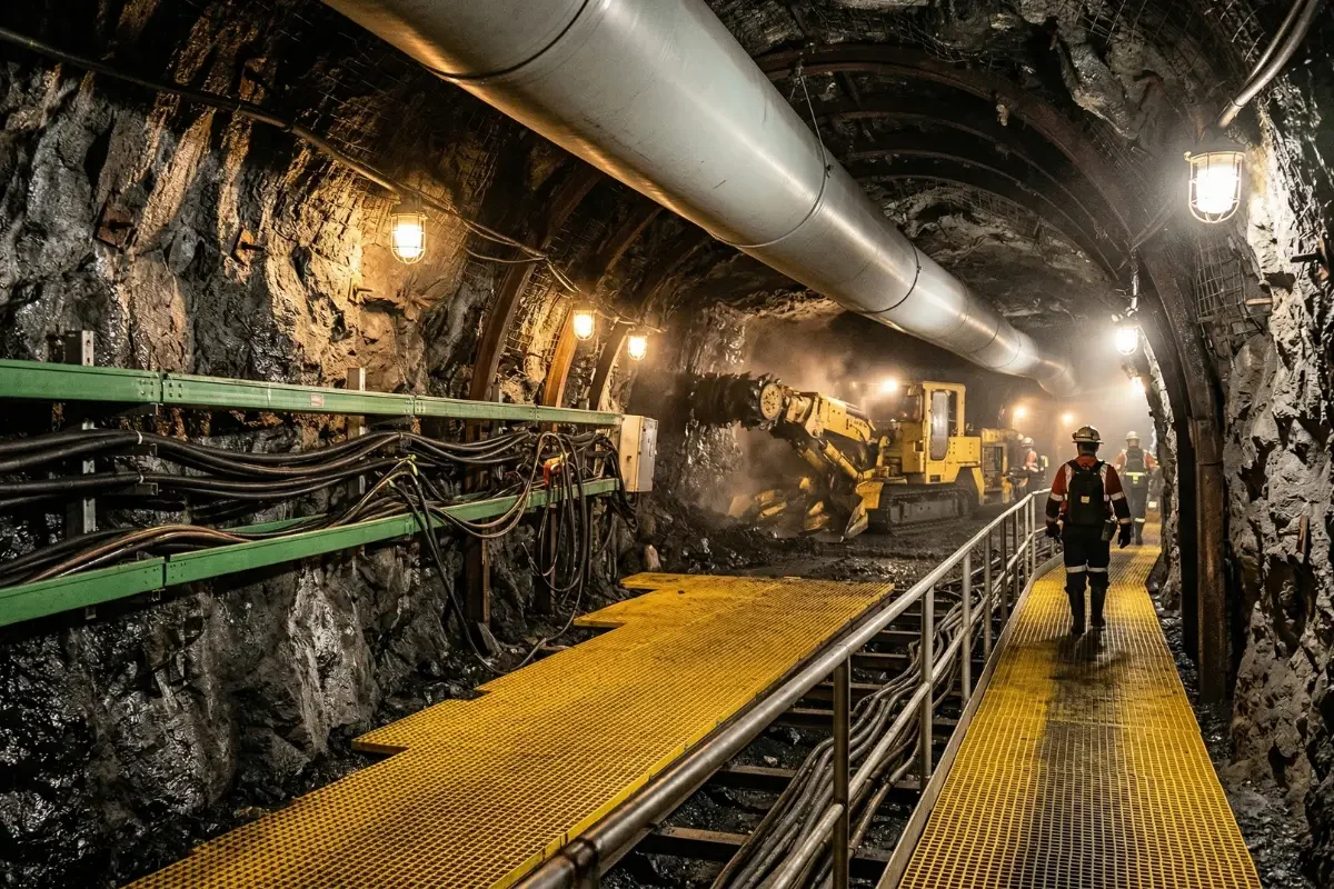 Industrial GRP gratings installed in a underground mining tunnel providing non-conductive and spark-free safety for workers.